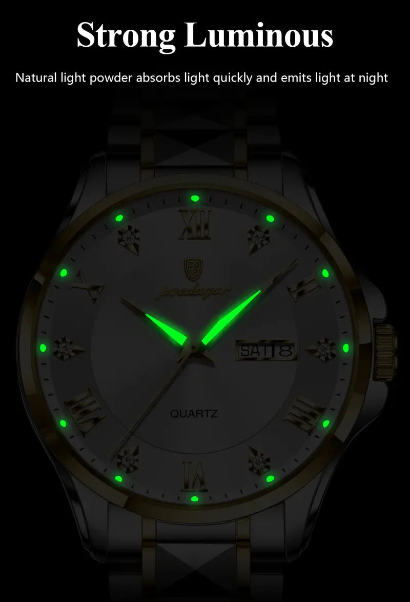 POEDAGAR Men'S Quartz Watch - Stainless Steel Band, Waterproof, Night Light, Date & Week Display, Elegant Golden-Tone Accents, Casual Style, Battery Operated, Elegant Timepiece | Golden Accents Watch | Quartz Movement Watch, POEDAGA