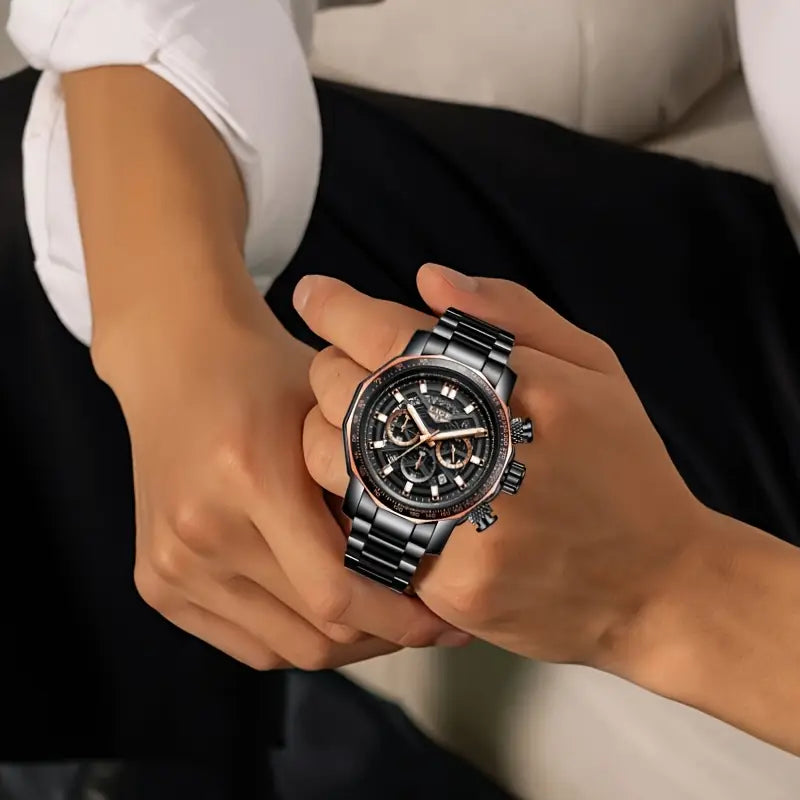 LIGE Men'S Quartz Watch - Business Style Chronograph with Date Display, Stainless Steel Strap, Golden & Black Options, Ideal Gift for Men, Formal Accessory | Modern Watch Design | Durable Watchband, LIGE