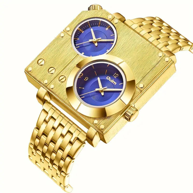 Oulm Large Dial Quartz Wrist Watch for Men - Stainless Steel Strap, Cool Handsome Style, 1181.1inch Water Resistance, Dual Time Zone Display, Electronic Movement, Business Casual Design