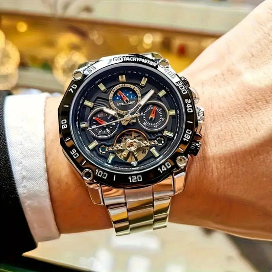 Authentic High-End Men'S Automatic Hollow Tourbillon Watch, Mechanical Movement, Alloy Case, Stainless Steel Strap, Round Dial, Pointer Display, Non-Waterproof, with Luminous Calendar Function, Ideal Gift, Without Battery
