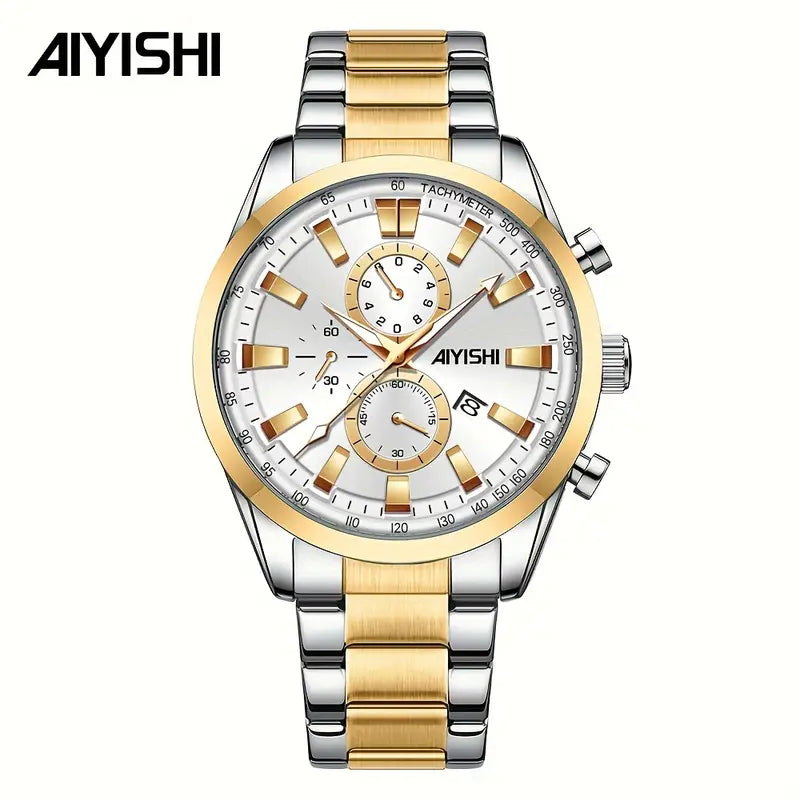 IYISHI Men's Sport Chronograph Watch with Date Display, High Quality Quartz Movement, Black Dial & Golden Accents, Stainless Steel Band for Business Casual & Casual Attire, Versatile Wristwatch, Luxury Analog, Polished Finish, Versatile Timepiece