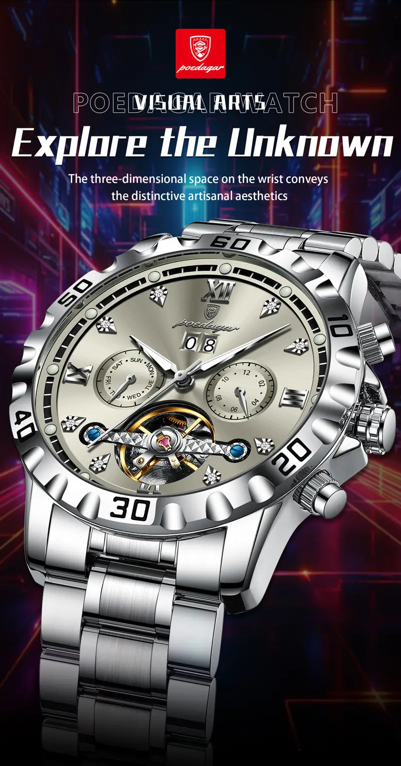 Poedagar Top Luxury Men'S and Women'S Watches, Date Automatic Week Men'S and Women'S Watches, Hollow Swirl Mechanical Stainless Steel