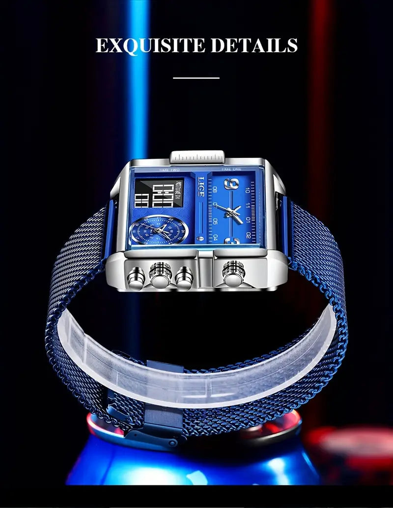 LIGE Men'S Quartz Digital Dual Display Timepiece with Mesh Strap, Square Case, Multi-Functional Design, Ideal for Students with Alarm Feature