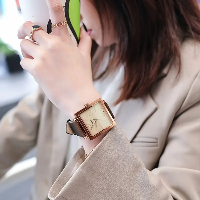 LIEBIG Women's Large Square Quartz Watch Fashion Analog Classic PU Leather Wrist Watch