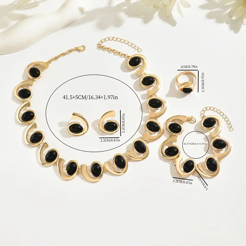 4pcs/set Women's Fashion Simple Necklace Earrings Bracelet Ring Set Geometric Oval Black Acrylic Inlaid Spiral Splicing Beaded Pendant Necklace Bracelet Ear Stud Ring Bohemian Style Spiral Design Jewelry Set