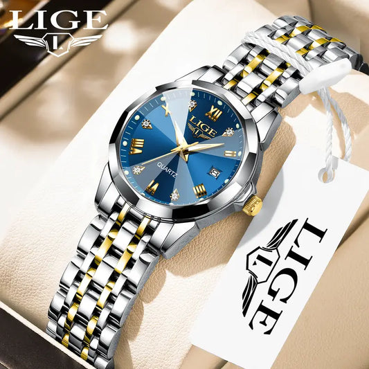 LIGE Elegant Ladies' Calendar Quartz Watch with Stainless Steel Bracelet, Multi-Dial Chronograph, Date & Day Display, Blue Dial & Golden Markers - Multiple Colors Available, Chic Stylish Women's Wristwatch for Everyday & Formal Wear, Versatile Wristwatch