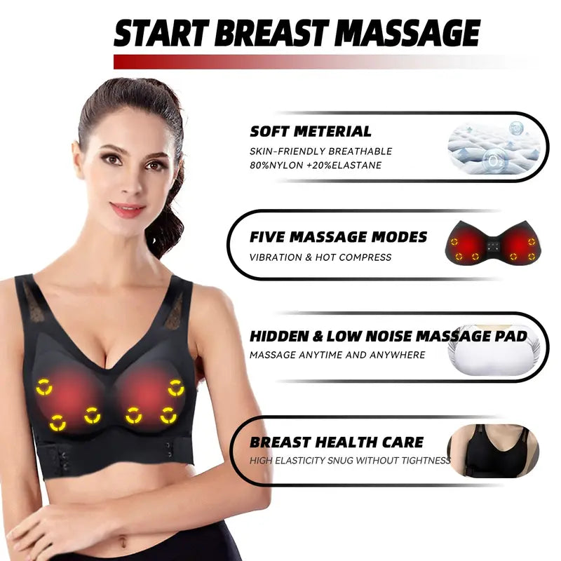 USB Rechargeable Smart Massage Hot Pad Bra, 1200mAh Lithium Battery | 5-Key Hidden Massage Cup Pad with 6 Massage Touch Points | 5 Realistic Hand Vibration Modes + 3-Speed Vibration Intensity Adjustment + Low Noise Design | 2-Level Constant Temperature