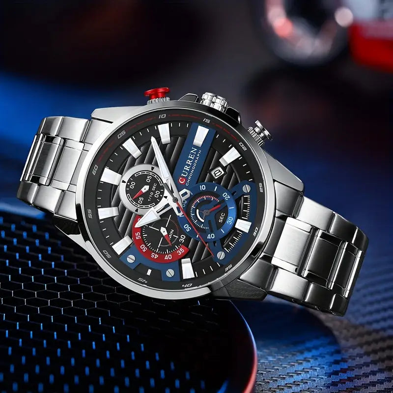 CURREN 'S Luxury Stainless Steel Business Watch with Luminous Hands, Date Display, And Multi-Function Timer - Black Dial, Red Accents, Quartz Movet, Battery-Powered, Stylish for Outdoor Parties, Party Accessory, Sophisticated Design, Durable Watch