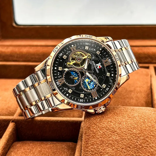 AOKULASIC Men Fashion Tourbillon Skeleton Automatic Mechanical Watch Rose Golden Case Iced Out Starry Sky Luminous Dial Top Brand Stainless Steel Strap Business Casual Mens Watches Christmas New Year Thanksgiving Day Festival Birthday Gifts